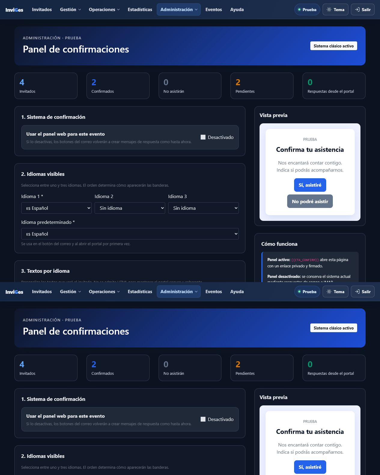 Panel de confirmaciones multidioma de InviGes